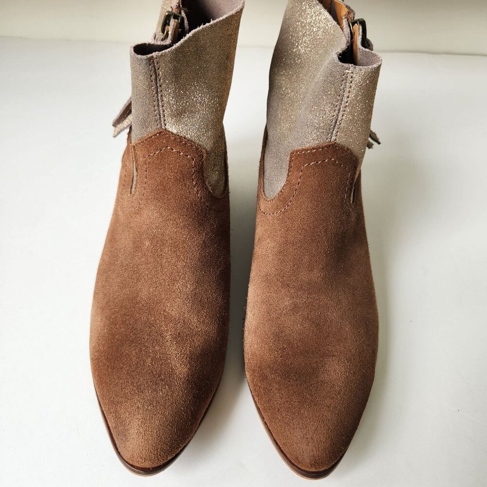 Frye & Co. Rubie Cognac Suede & Metallic Rose Gold Ankle Boots Western Rodeo - Picture 2 of 10